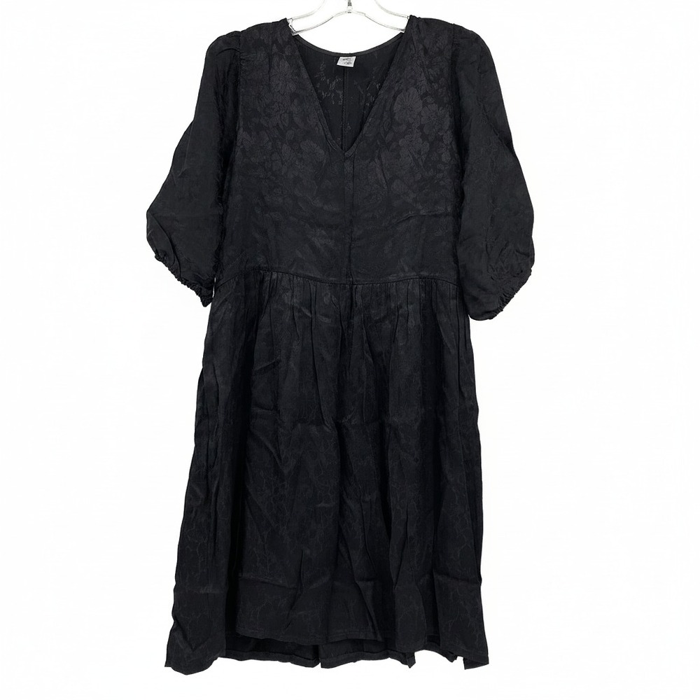 Altar Houseline Black Floral Satin Jacquard Puff Sleeve Mini Dress | OS
